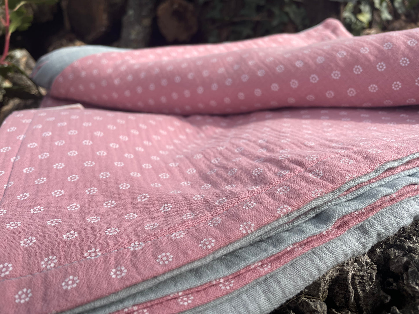 Plaid Carmen Verde con Margaritas rosa Empolvado - Algodón 100%