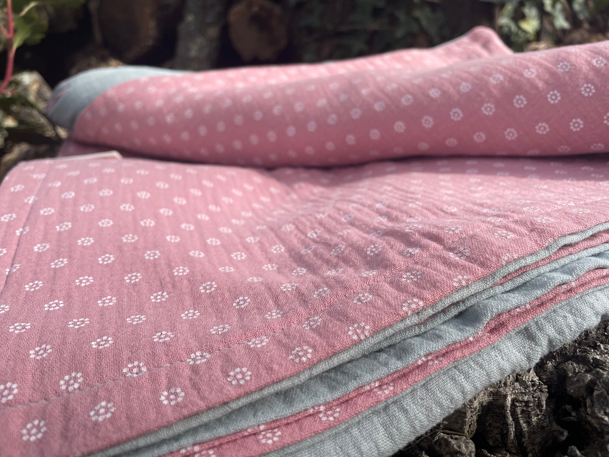 Plaid Carmen Verde con Margaritas rosa Empolvado - Algodón 100%